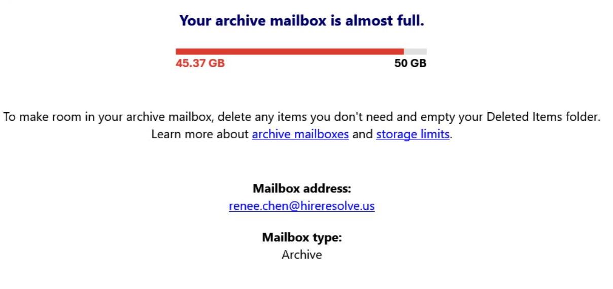 Example storage warning email