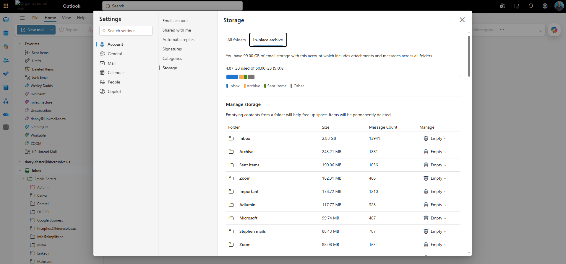 Outlook Storage settings screen